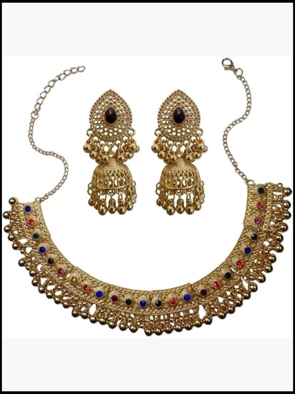 Gold Chain Kundan Jewelry Set - Wedding Choker Necklace and Earrings Bridal
